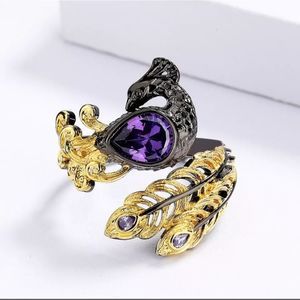 Gold leaf black 925 silver amethyst Peacock boho goth stunning original ring 9